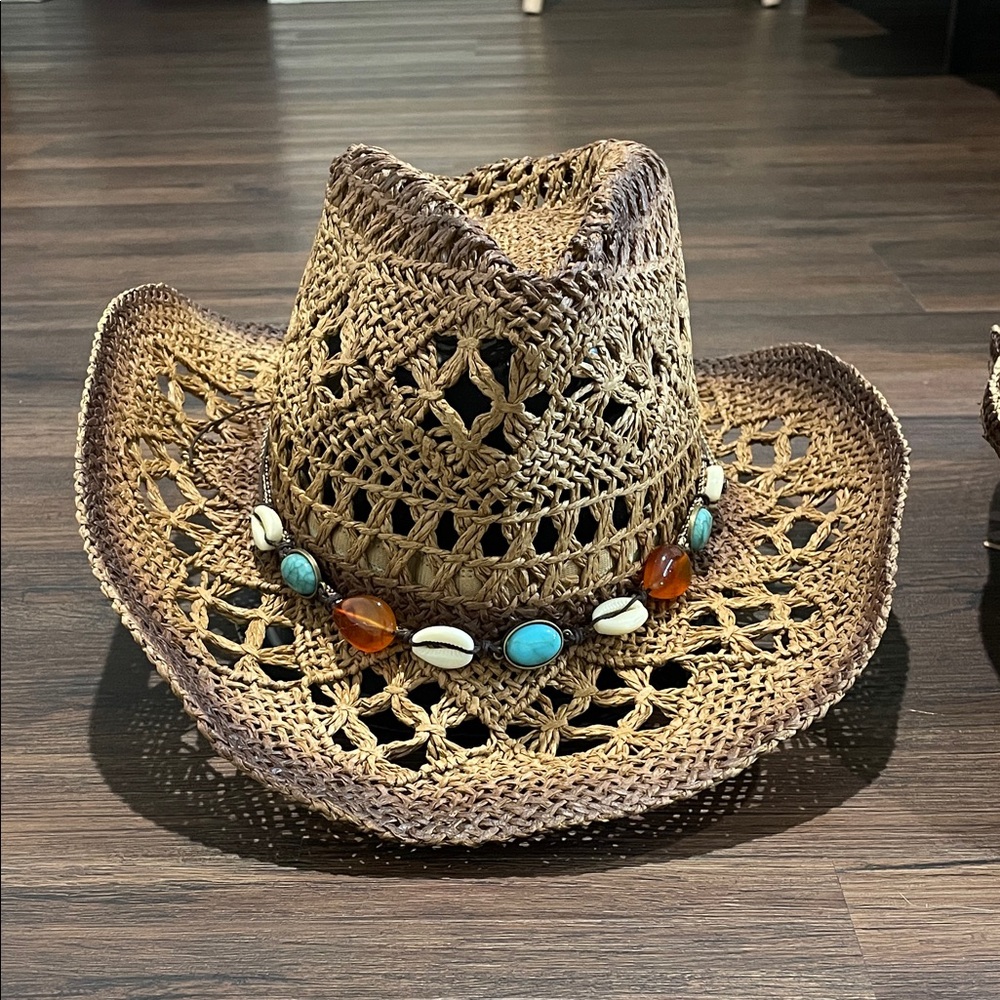 Brown Woven Cowboy Hat with Beaded Band